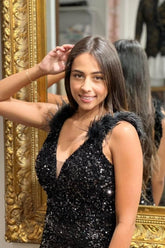 Gorgeous Long Black V-neck Split Sleeveless Mermaid Evening Dresses With Glitter